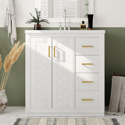30'' Bathroom Vanity With Ceramic Sink Combo, Solid Wood Frame Bathroom Storage Cabinet, Freestanding Vanity Set With 3 Drawers& Soft Closing Doors, Bathroom Vanity
