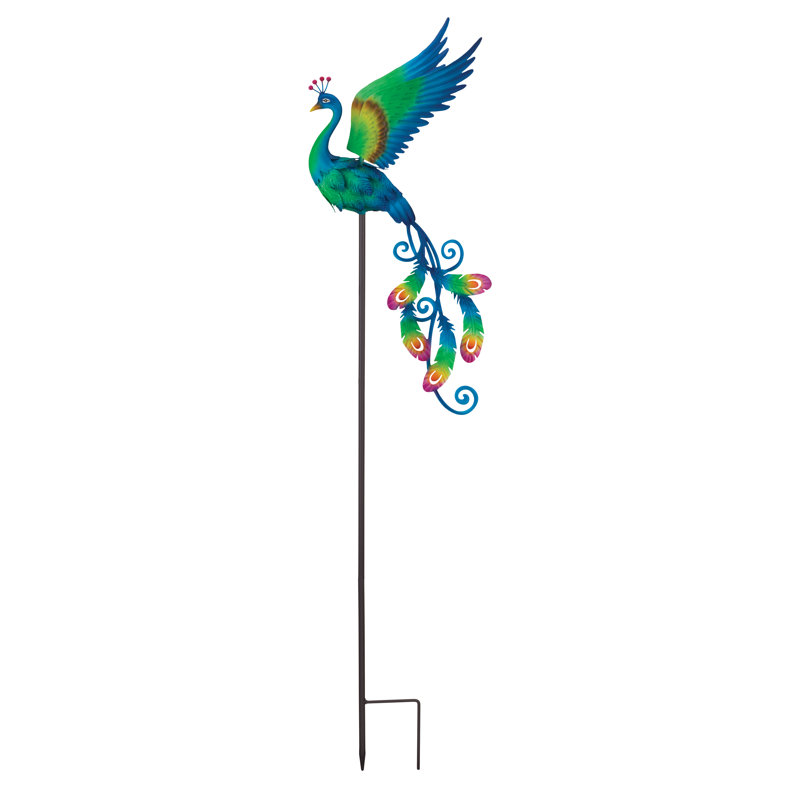 Colorful Metal Peacock Garden Stake with Moving Wings