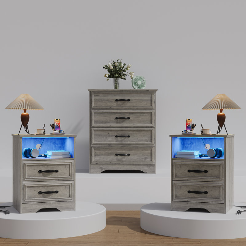  Ensemble de commode 3 pièces - commode 4 tiroirs et deux tables de chevet 2 tiroirs avec station de charge, gris délavé