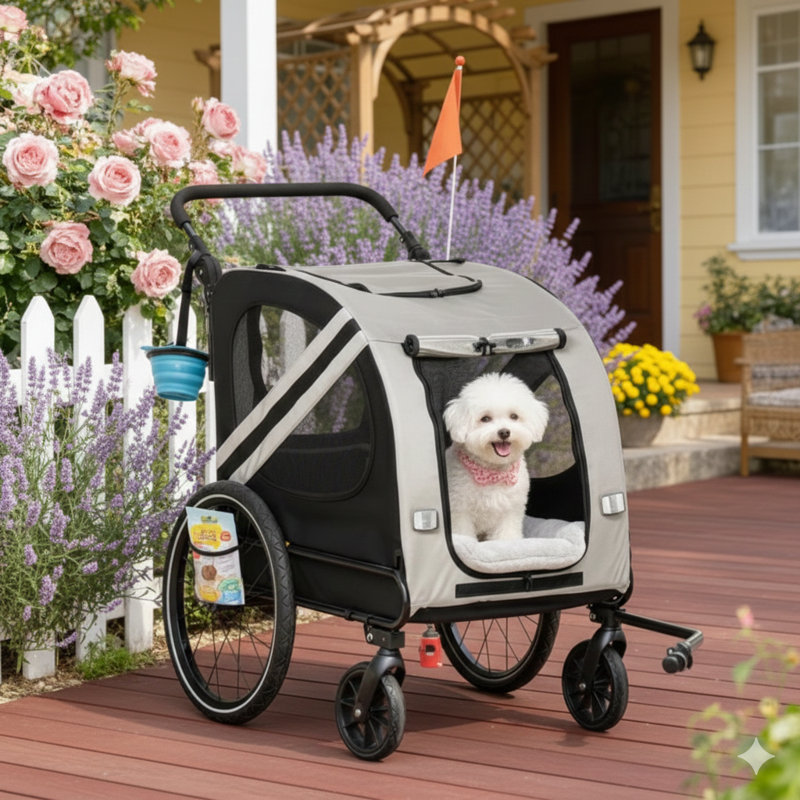 Porte-animal hybride fonctionnant à la fois comme poussette pour chien et comme remorque à vélo