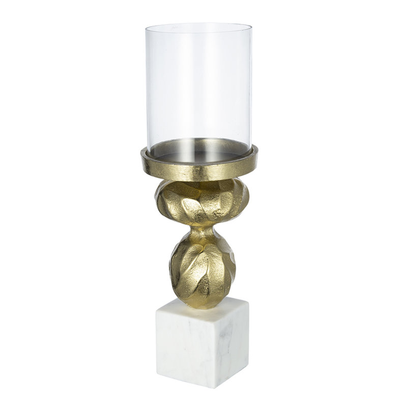 Porte-bougie Hurricane, base en marbre blanc, accents dorés tournés de 14 pouces