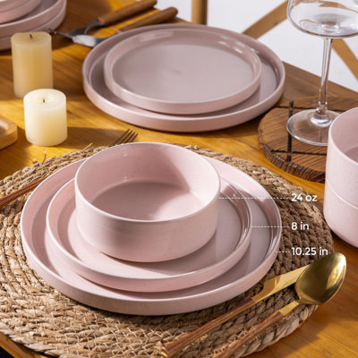 Ceramic Dinnerware Set For 4 | Speckled Stoneware Plates And Bowls With Unglazed Terracotta | Scratch Resistant, Dishwasher & Microwave Safe Dishes Sets- 12-Pcs Pink