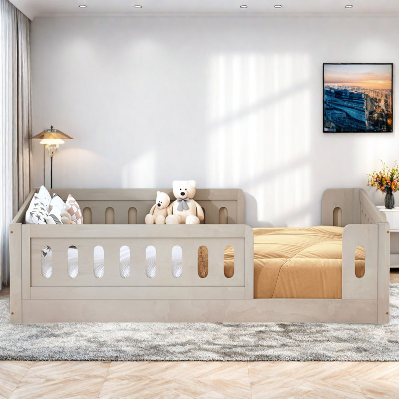 Wooden Platform Bed With Semi-enclosed Fence, Natural