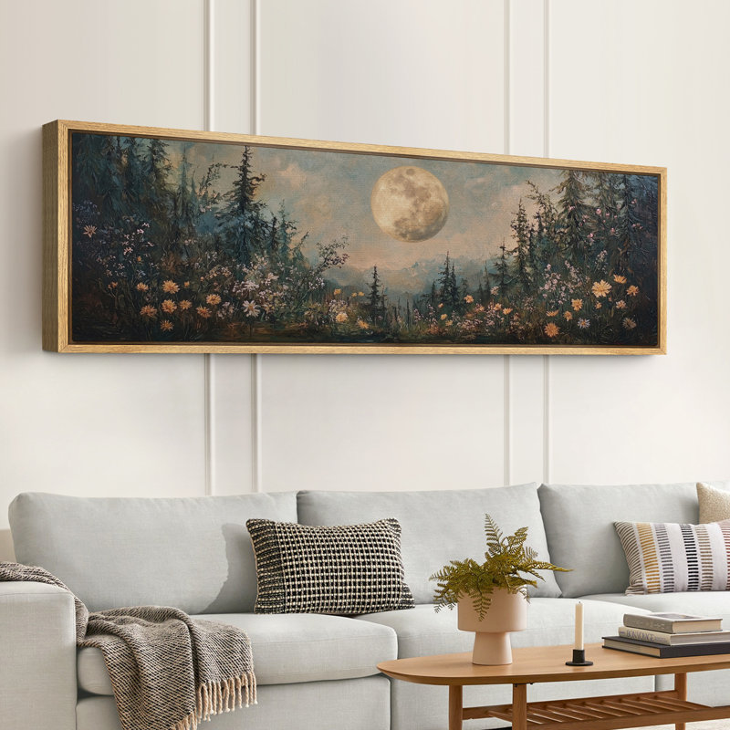 Pleine lune sur forêt, impression sur toile surdimensionnée, décorations murales encadrées, H 20 po x l 60 po, Naturel