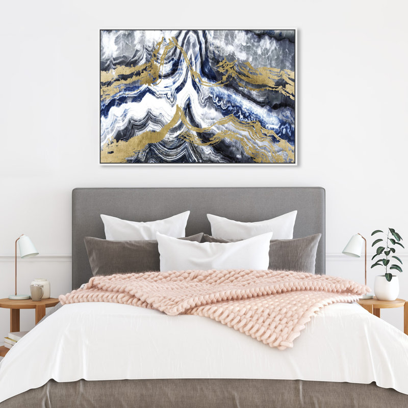 Abstrait cristaux de Bluelande - peinture, Cadre flottant blanc, H 36 po x l 54 po