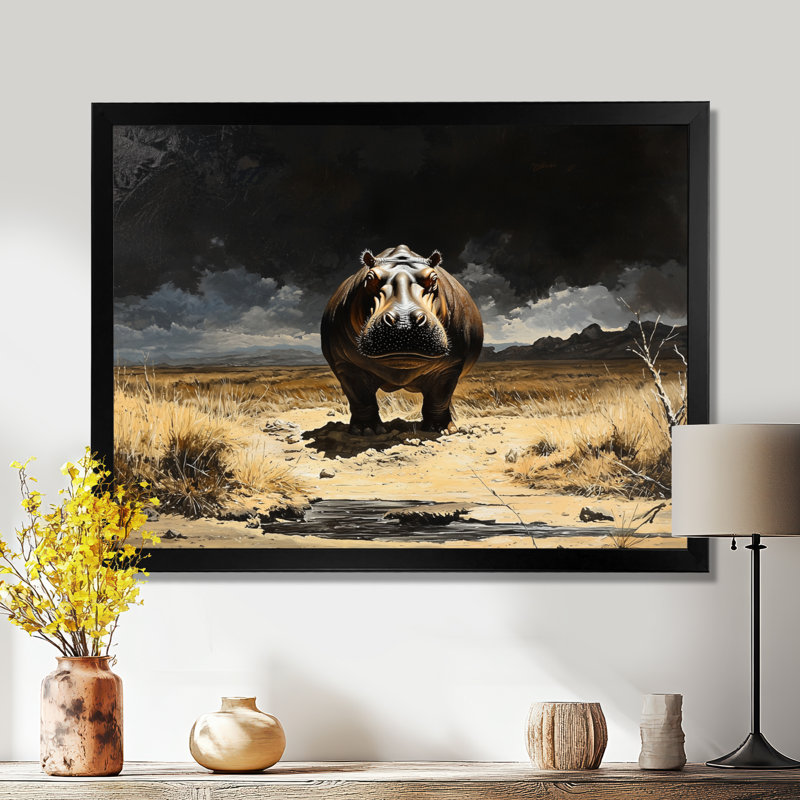 Reproduction sur toile d'un hippopotame, H 12 po x l 20 po, Reproduction encadrée d'une seule photo sans pass, Noir
