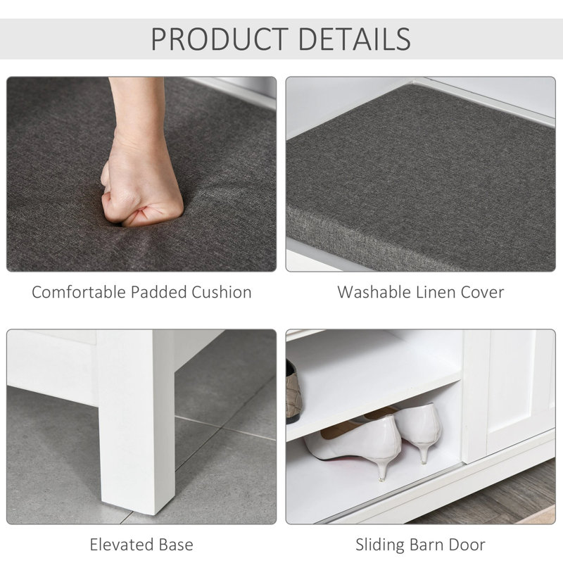 Entryway Shoe Bench, Storage Ottoman Bench With Adjustable Shelf, White