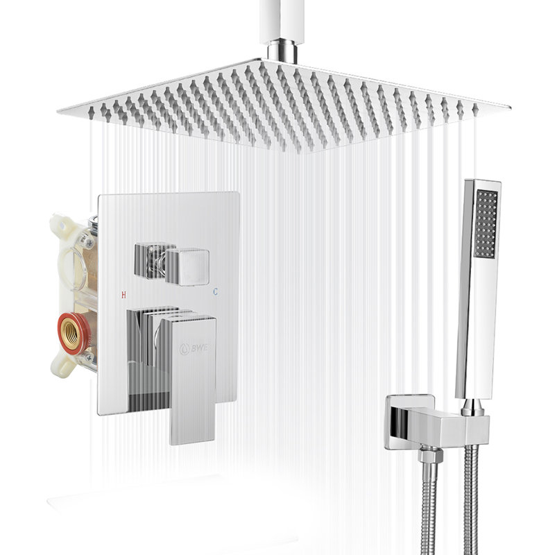 Single-Handle 2-Spray Square High Pressure Shower Faucet With 16" Ceiling Shower Head In Black(Valve Included)