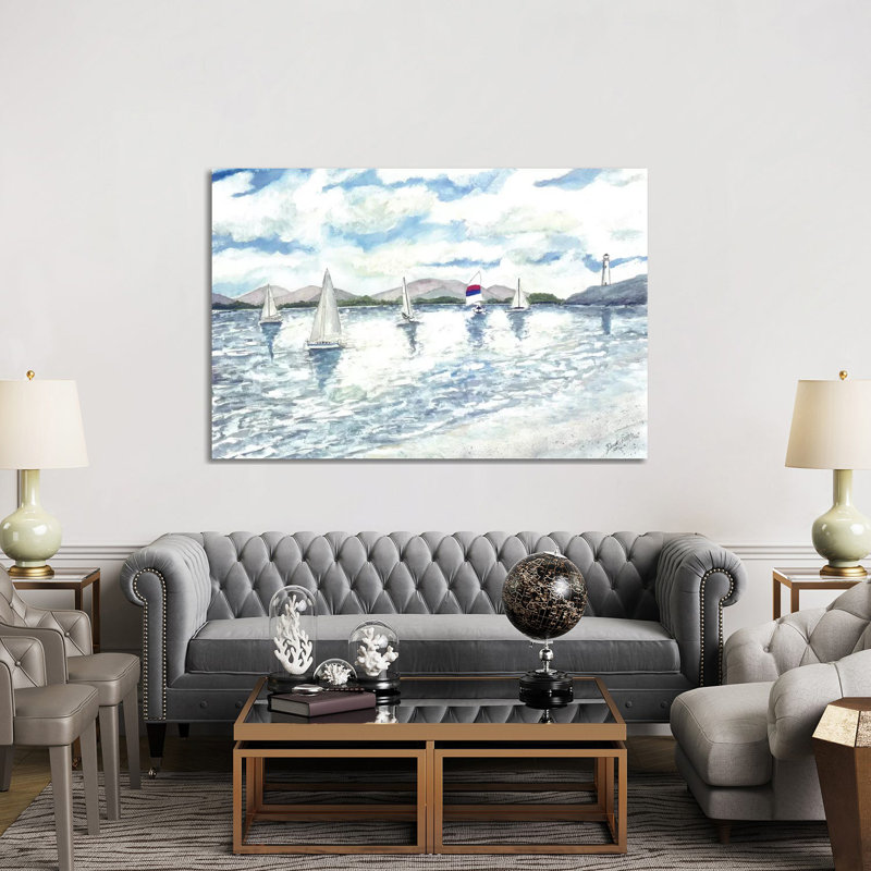 Sailboats Seascape 1 Piece Wrapped Canvas Painting, 152.5 cm H x 101.5 cm W, White/Blue