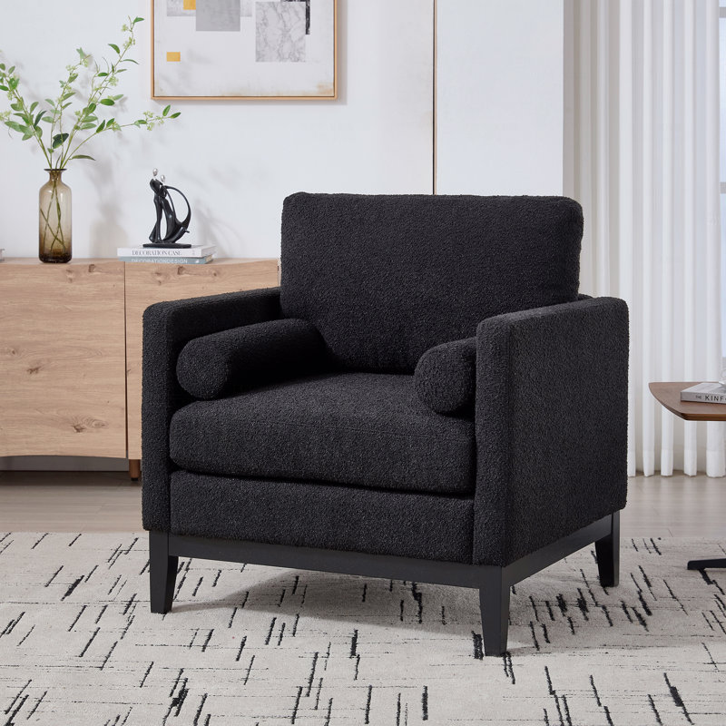 Fauteuil d'appoint de style campagne moderne de 35,4 po de largeur avec pieds en finition noire, fauteuil d'appoint avec base en bois et canapé avec deux traversins
