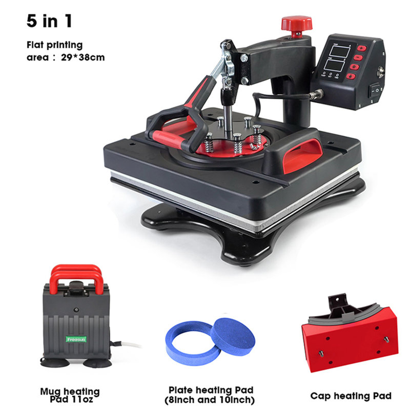 Presse à chaleur 5 en 1 de 12 po x 15 po Machine de transfert de chaleur par sublimation numérique pour t-shirts Bouteille avec bouchon à plaque avec fonction pivotante à 360 degrés