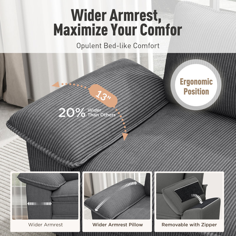 158" Oversized Deep Seat Living Room Sofa, Chenille or Corduroy Couch with Throw Pillows, 4, Gray Corduroy
