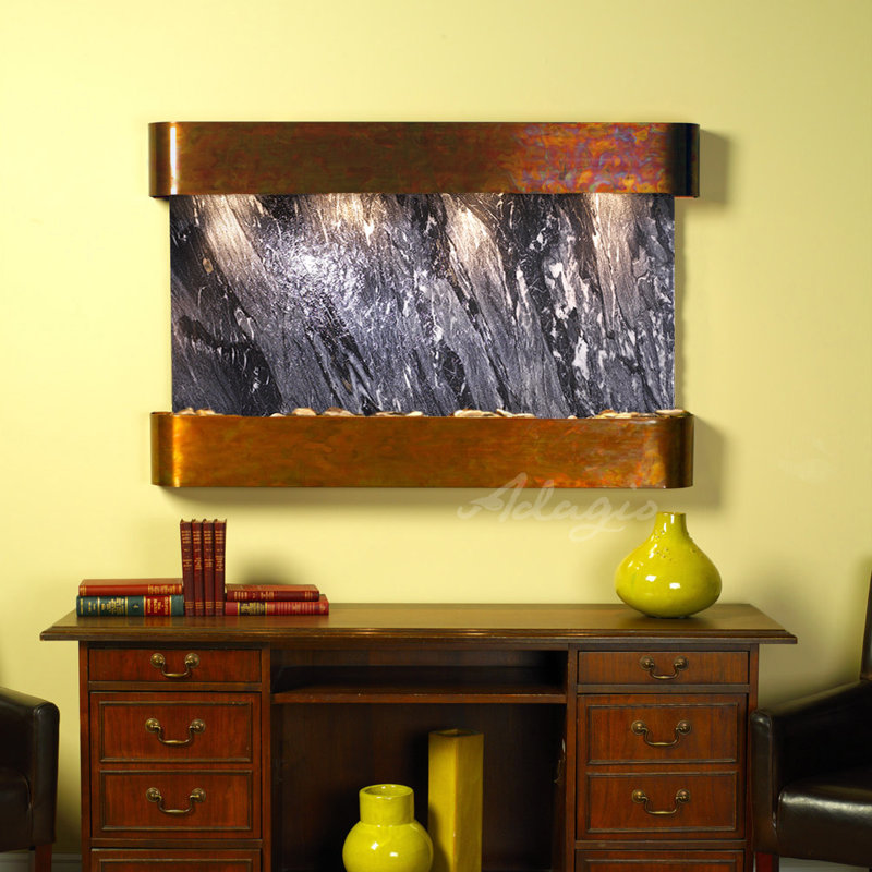 Indoor Acrylic Waterfall Fountain with Lights, Black Spider Marble, Rustic Copper