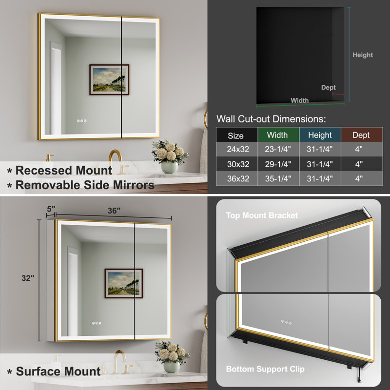 Pharmacie à cadre doré avec lumières et miroir, encastré / surface, à brancher / câblé, prises + USB, 3 couleurs / gradateur / capteur de lumière interne / désembuage, zone magnétique