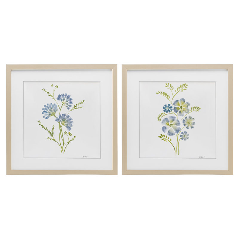 Cornflower & Periwinkle Herbs 2pc Framed Print Under Glass Set, design by Yvette St. Amant, Harvest Pine Frame, 16" H x 16" W