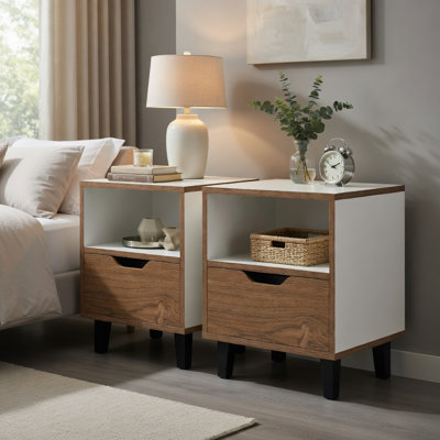 Ensemble de 2 tables de chevet modernes avec tiroir et tablette ouverte, tables de chevet compactes pour lit ou canapé, naturel et blanc