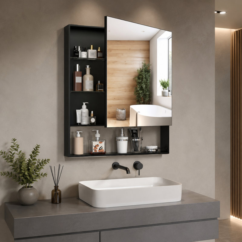 Armoire à pharmacie 24 po x 30 po avec miroir - Rangement de salle de bain en aluminium noir, Black