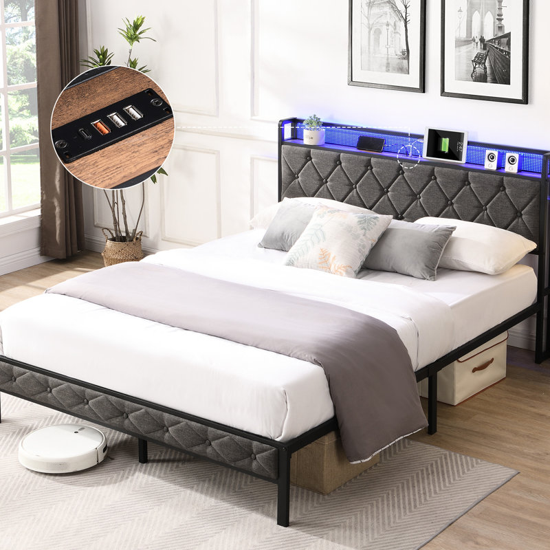 Lit plateforme tapissier gris foncé avec lumières à DEL et rangement - Lattes lourdes de tête de lit double en métal, couleur, sans sommier tapissier, bruit, facile à installer