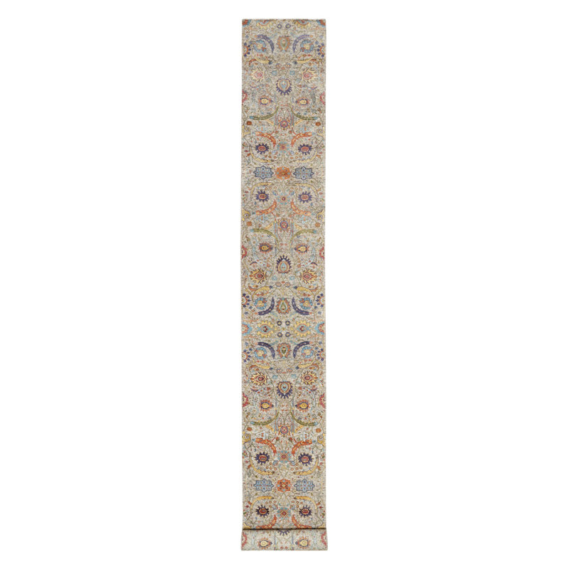 Tapis de couloir feuille de faucille XL en soie nouée à la main 2 pi 7 po x 22 pi 1 po Oyster