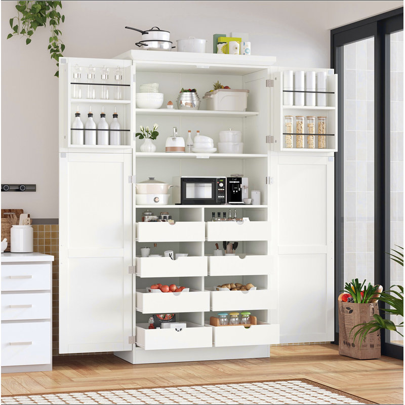 [Vidéo d'assemblage fournie] Armoire de cuisine autoportante 35,5 po x 17,6 po x 70,9 po TopMAX, armoire de rangement haute avec 4 portes, 2 tablettes de porte, 8 plateaux coulissants et tablette réglable pour la salle à manger