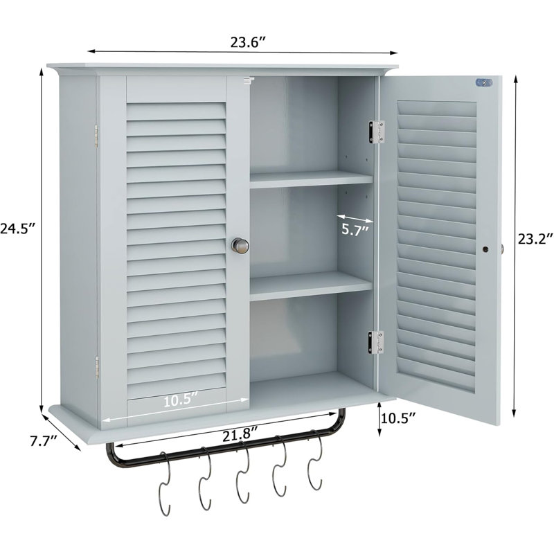 Armoire de salle de bain murale avec portes à enroulement double et tablettes réglables à trois niveaux, Gris