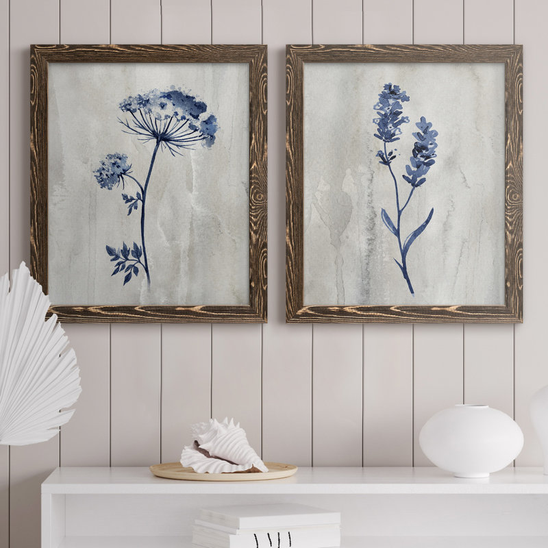 «Indigo Botanical I», ensemble de 2 reproductions d'impressions, H 24 po x l 36 po, Toile encadrée, Noyer