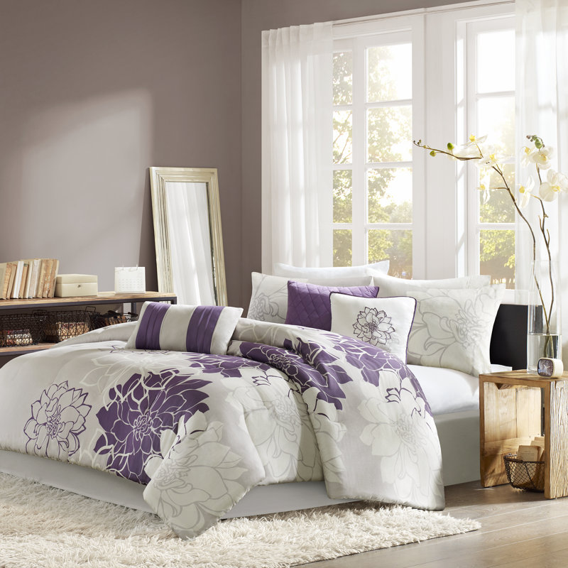 California King Gray and Purple Floral Cotton Comforter Set