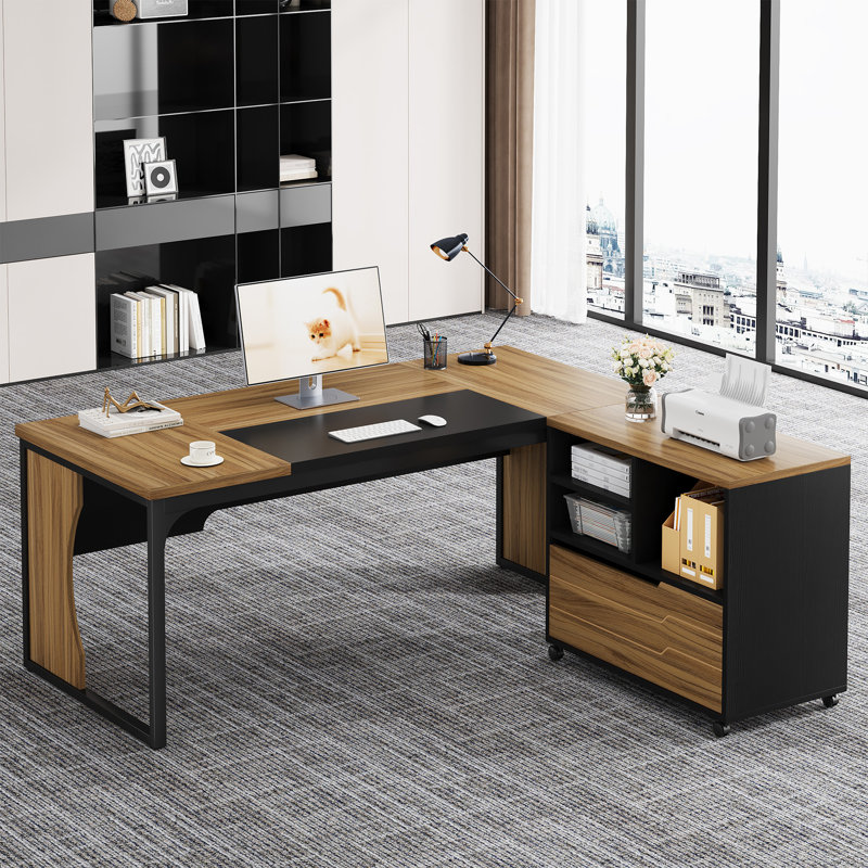 63''W L-Shaped Executive Office Desk With Mobile File Cabinet