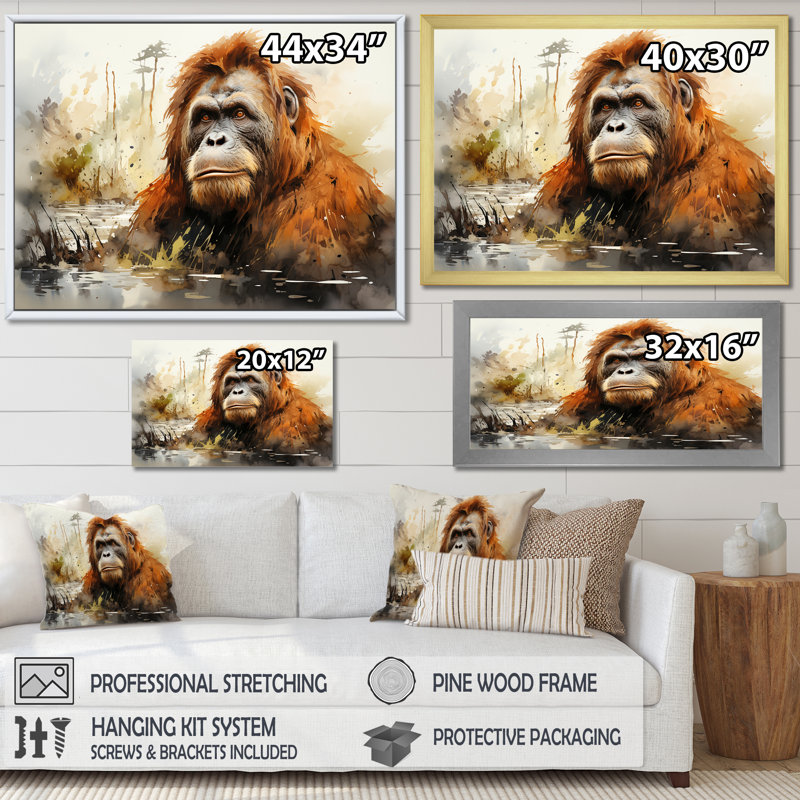 Orang-outan brun dans la forêt tropicale II sur toile, Cadre doré simple, H 12 po x l 20 po x P 1 po