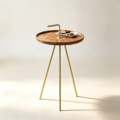 Table de bout ronde Mid-Century en bois, table d'appoint en métal doré