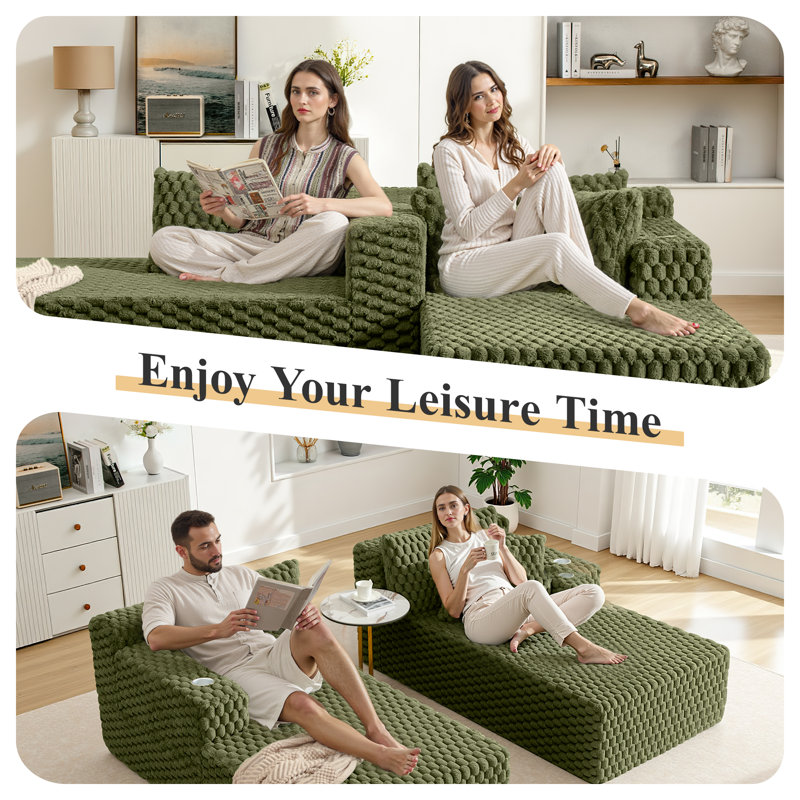 Ensemble de canapé-lit rembourré en fausse fourrure, Vert olive