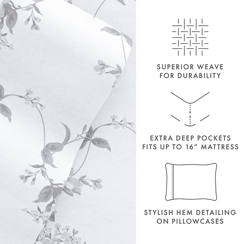 Sheet Set 100% Cotton Patterned Flannel Super Soft Bedding, Twin Sheet Set with 2 Additional Pieces, Gray Sylvan Rose