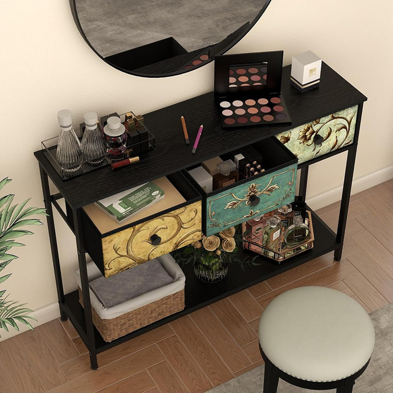 Black Metal Console Table with Retro Floral Fabric Drawers and Storage Shelf