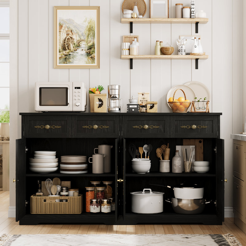 Buffet 63 po à 4 tiroirs, console de bar avec poignées dorées, crédence de rangement style campagne, noir, Black
