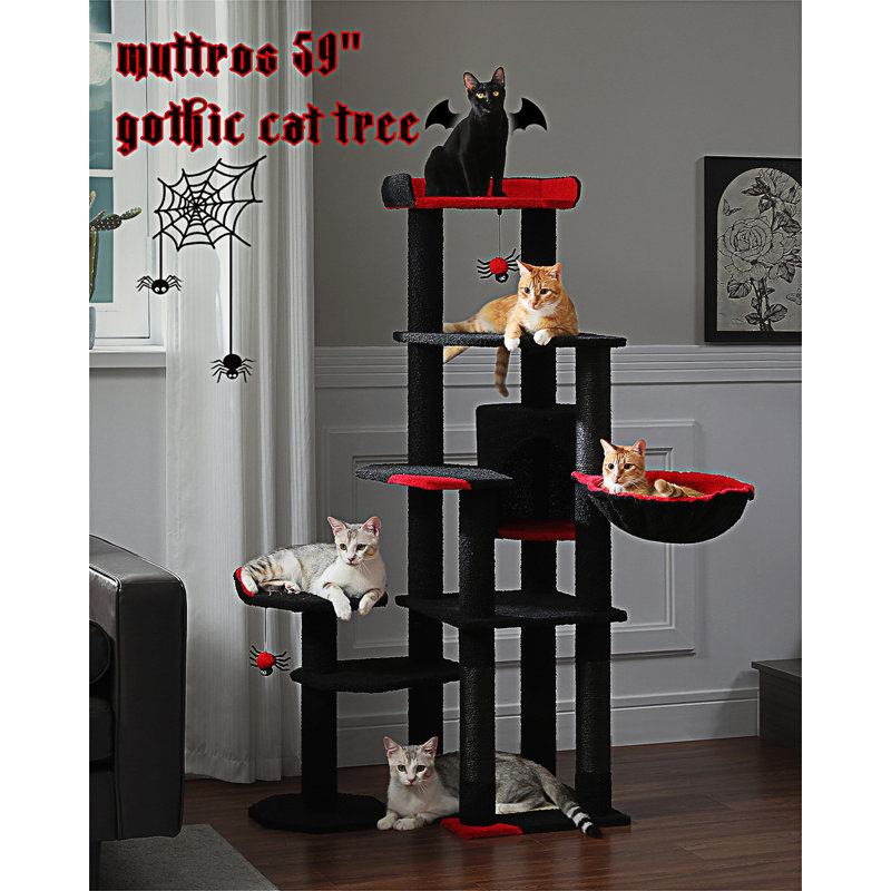Arbre à chat 59 po, grand arbre à chat pour grand chat, tour pour chat à plusieurs niveaux avec 3 bâtons de pompon amovibles, arbre à chat pour chat d'intérieur, condo pour chat avec grand hamac, poteau à griffes et 2 perchoirs