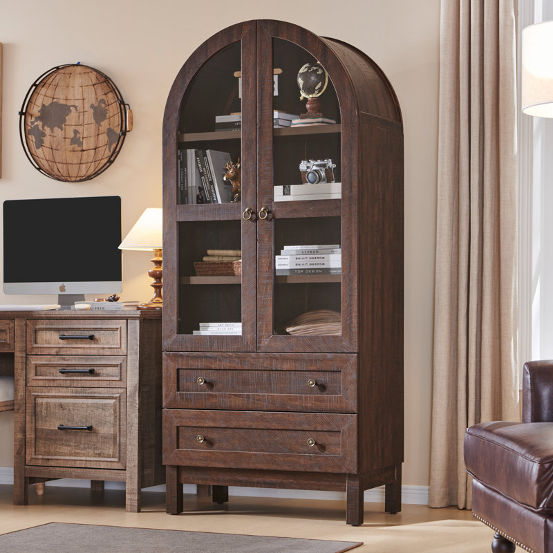 71" Tall Arched Bookshelf, 4-Tier Bookcase with Glass Doors and Shelves, Wooden Display Cabinet w/2 Large Storage Drawers, Modern Farmhouse Versatile Bookshelf for Living Room, Study, Office