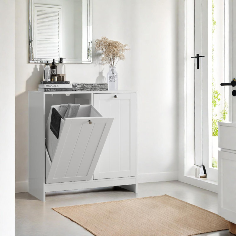 Tilted Laundry Hamper Cabinet with Removable Basket & Storage