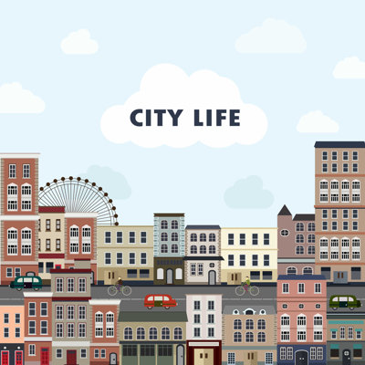 «City Buildings with City Life Caption» par Joyimage - impression sur toile tendue