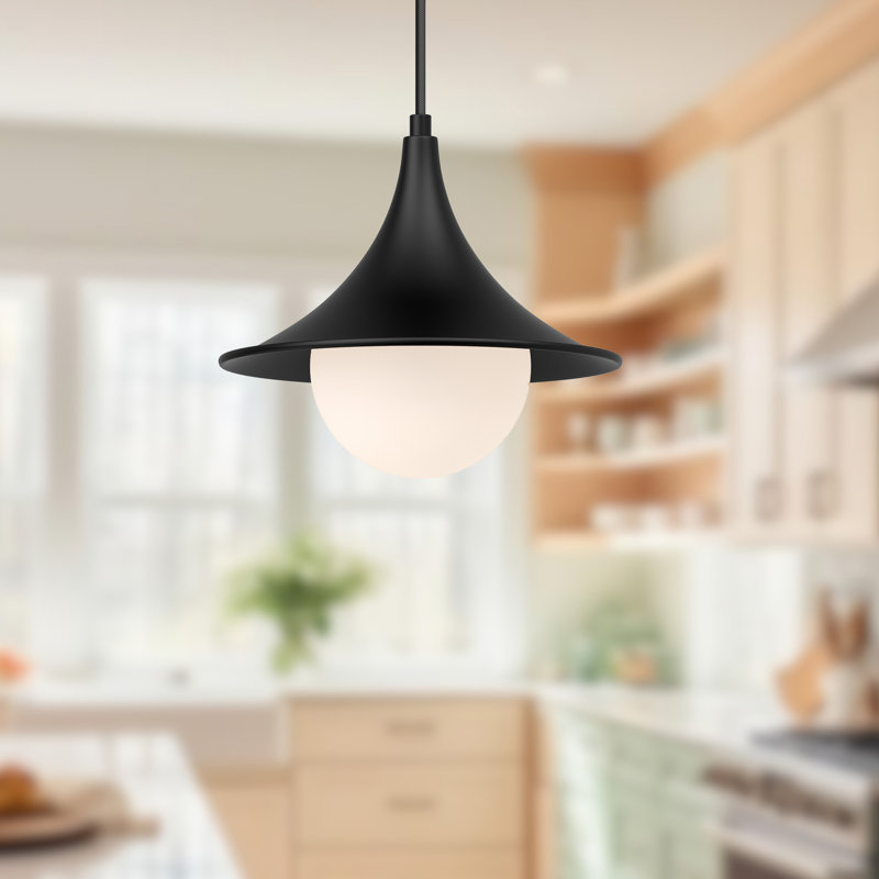 Luminaire suspendu conique à 1 lumière Hermit, H 83,63 po x l 9,5 po x P 9,5 po, Noir mat / verre opale mat