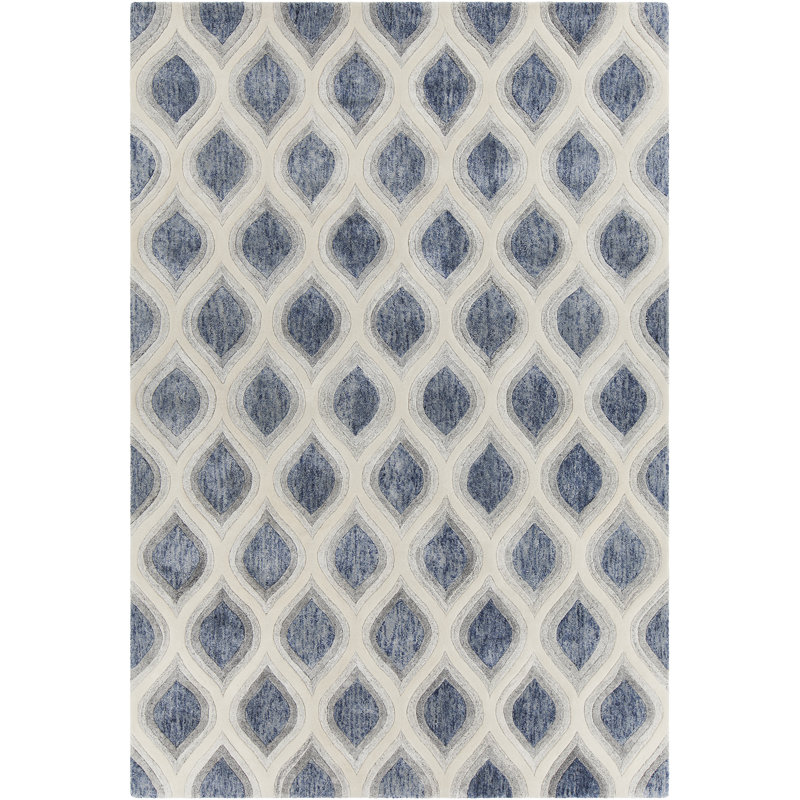 Tapis bleu / crème en laine Delong, Rectangle 5 pi x 7 pi 6 po, Bleu / Crème