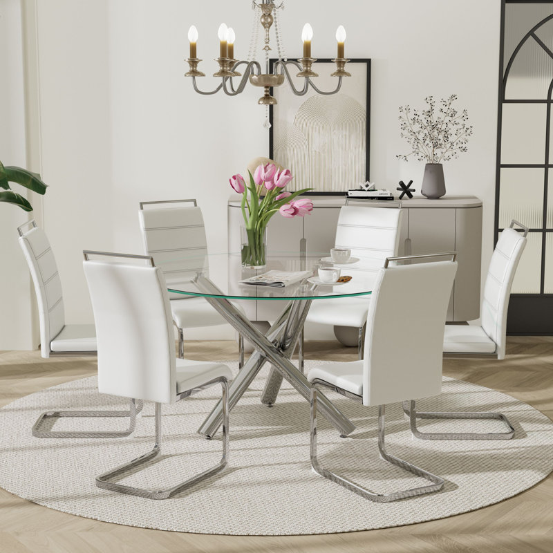 7 - Piece Round Pedestal Dining Set, Silver, White