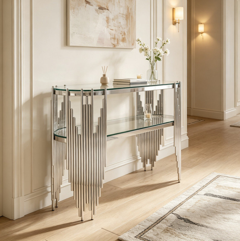 Console luxueuse en verre argenté, table d'appoint ovale élégante avec structure en acier inoxydable, table de présentation multifonctionnelle pour entrée ou salon