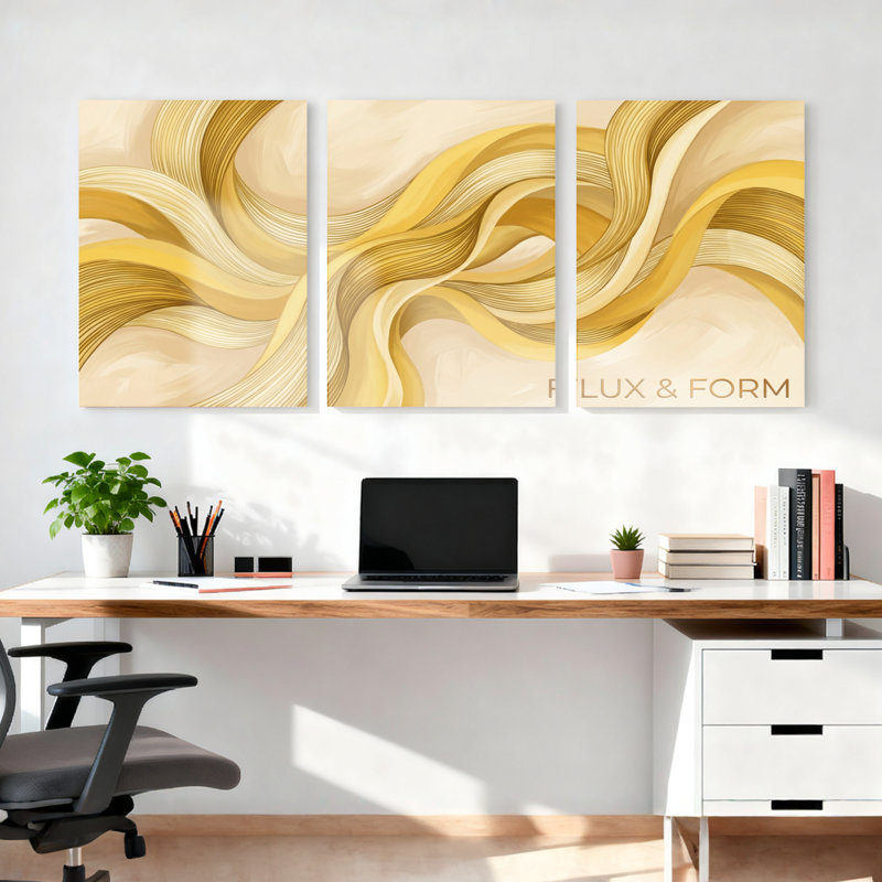 Ensemble de 3 tableaux abstraits sur toile, motif vagues dorées et crème, pour la décoration du salon, de la chambre ou du bureau.