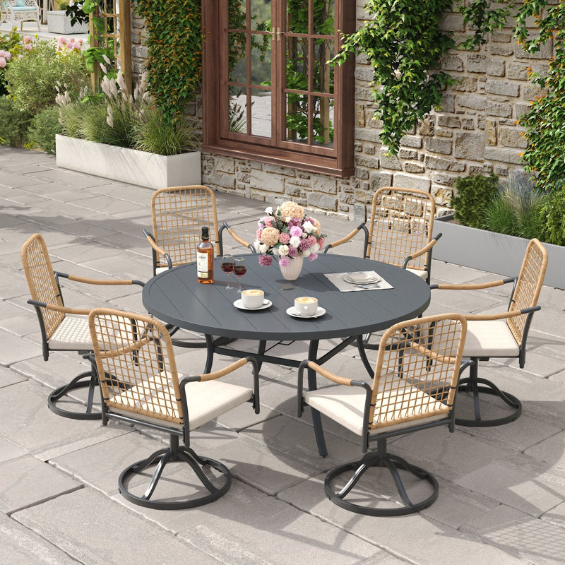 Ensemble de salle à manger d'extérieur 7 pièces avec fauteuil pivotant en rotin 7 pièces, Gris