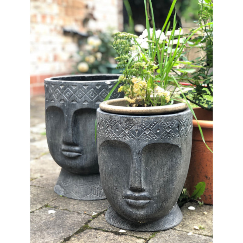Set of 2 Carved Head Plant Pots