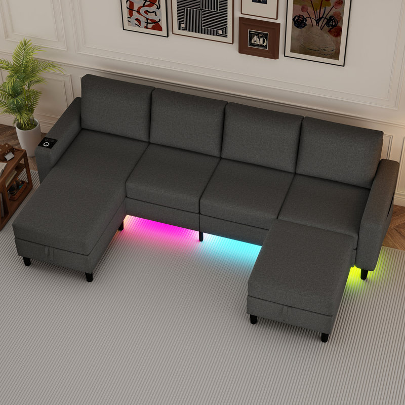 4-seater Linen Sectional Sofa With Smart Module-wireless Charging/usb/type-c/rgb Lights (dark Grey), Gray