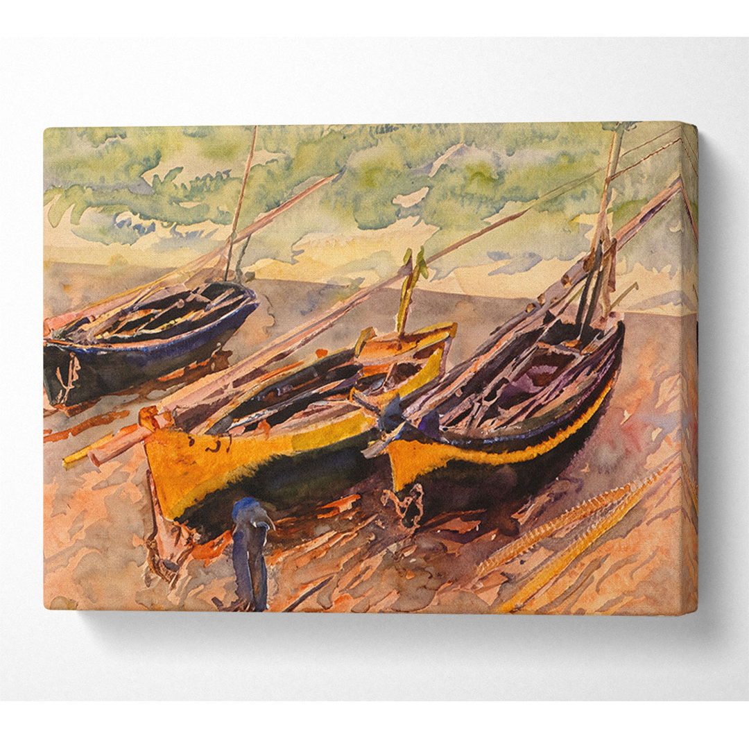 Monet Dock von Etretat (Drei Fischerboote) - Wrapped Canvas Kunstdrucke