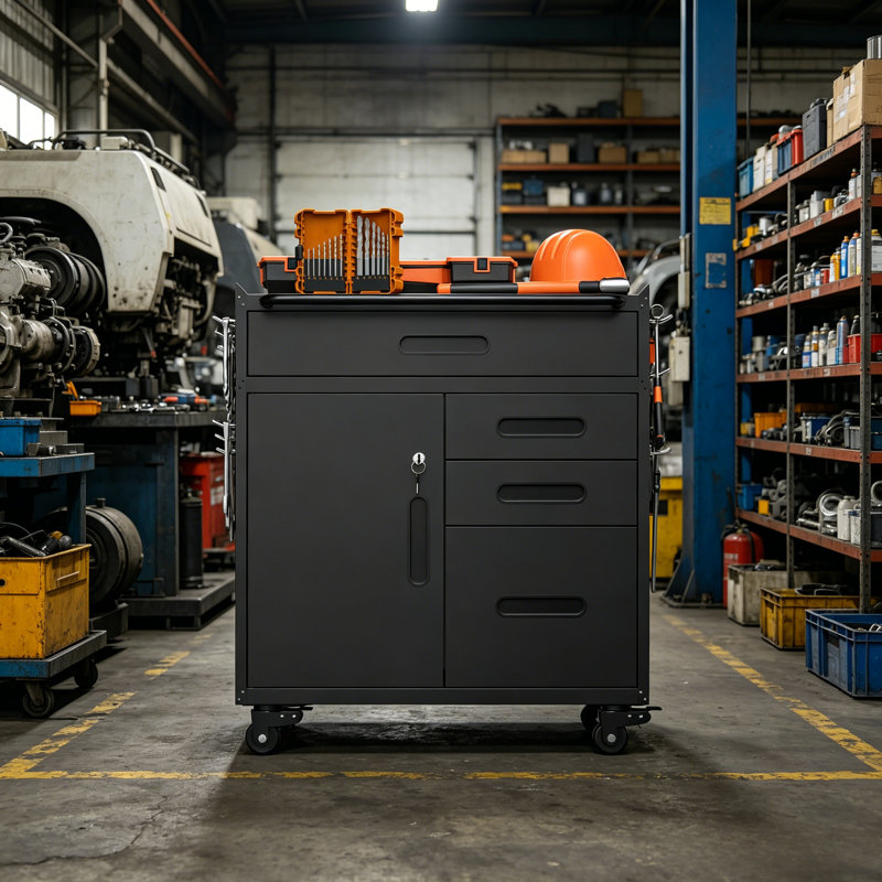 34.3-Inch Mobile Tool Storage Cabinet With Lockable Compartments And 4 Drawers, Featuring Steel Wheels, Suitable For Workshop And Home Garage Storage.