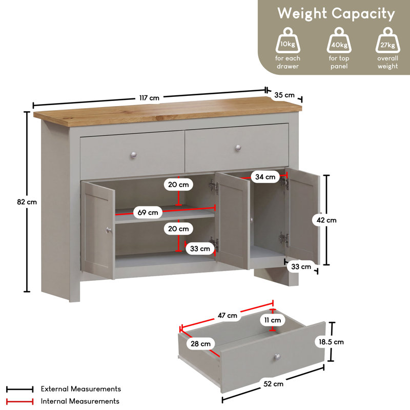 Beacsfield 117Cm Wide 2 Drawer Sideboard, Grey