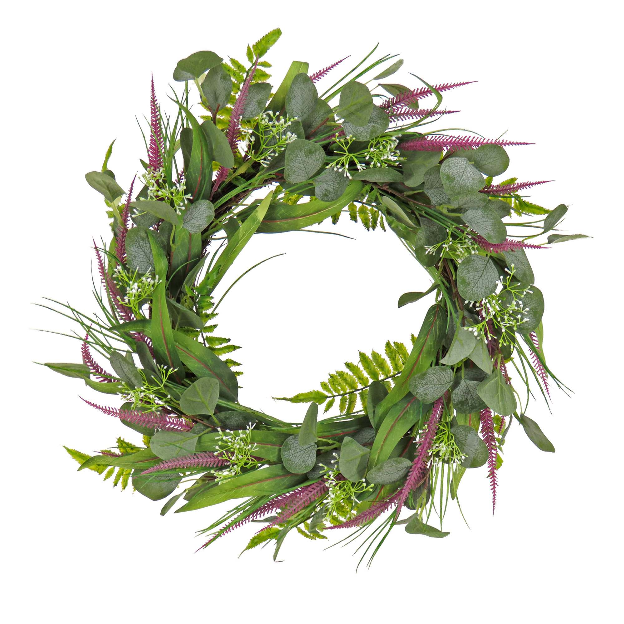 22 inch Artificial Spring Wreath with Eucalyptus Leaves, Lavender, Flowing Green Stems
